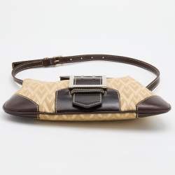 Pre Owned Valentino Beige/Dark Brown V Fabric and Leather Flap Baguette