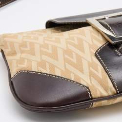 Pre Owned Valentino Beige/Dark Brown V Fabric and Leather Flap Baguette