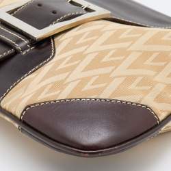 Pre Owned Valentino Beige/Dark Brown V Fabric and Leather Flap Baguette