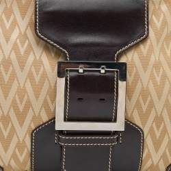 Pre Owned Valentino Beige/Dark Brown V Fabric and Leather Flap Baguette