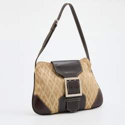 Pre Owned Valentino Beige/Dark Brown V Fabric and Leather Flap Baguette