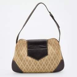 Pre Owned Valentino Beige/Dark Brown V Fabric and Leather Flap Baguette