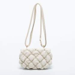 Pre Owned Valentino Off White Diamond Quilt Padded Leather Rockstud Shoulder Bag