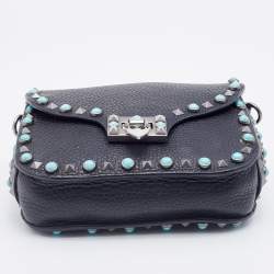 Pre Owned Valentino Black Leather Rolling Rockstud Shoulder Bag