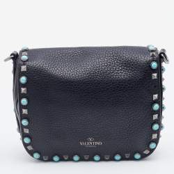 Pre Owned Valentino Black Leather Rolling Rockstud Shoulder Bag