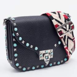 Pre Owned Valentino Black Leather Rolling Rockstud Shoulder Bag