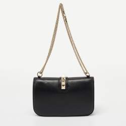 Pre Owned Valentino Black Leather Medium Rockstud Glam Lock Flap Bag