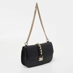 Pre Owned Valentino Black Leather Medium Rockstud Glam Lock Flap Bag