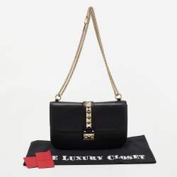 Pre Owned Valentino Black Leather Medium Rockstud Glam Lock Flap Bag