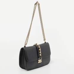 Pre Owned Valentino Dark Grey Leather Rockstud Medium Glam Lock Flap Shoulder Bag