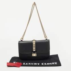 Pre Owned Valentino Dark Grey Leather Rockstud Medium Glam Lock Flap Shoulder Bag