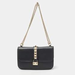 Pre Owned Valentino Dark Grey Leather Rockstud Medium Glam Lock Flap Shoulder Bag