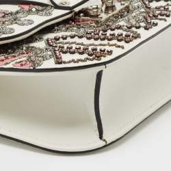 Pre Owned Valentino White Leather Small Crystal, Beaded Embellished Rockstud Glam Lock Flap Bag