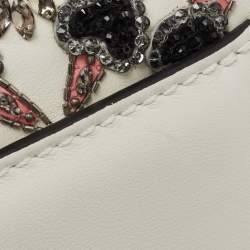 Pre Owned Valentino White Leather Small Crystal, Beaded Embellished Rockstud Glam Lock Flap Bag