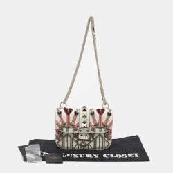 Pre Owned Valentino White Leather Small Crystal, Beaded Embellished Rockstud Glam Lock Flap Bag