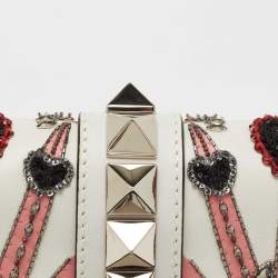 Pre Owned Valentino White Leather Small Crystal, Beaded Embellished Rockstud Glam Lock Flap Bag