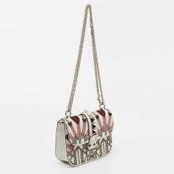 Pre Owned Valentino White Leather Small Crystal, Beaded Embellished Rockstud Glam Lock Flap Bag