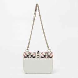 Pre Owned Valentino White Leather Small Crystal, Beaded Embellished Rockstud Glam Lock Flap Bag