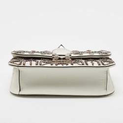 Pre Owned Valentino White Leather Small Crystal, Beaded Embellished Rockstud Glam Lock Flap Bag