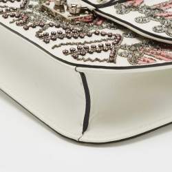 Pre Owned Valentino White Leather Small Crystal, Beaded Embellished Rockstud Glam Lock Flap Bag