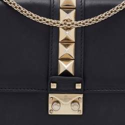 Pre Owned Valentino Black Leather Medium Rockstud Glam Lock Shoulder Bag