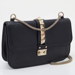 Pre Owned Valentino Black Leather Medium Rockstud Glam Lock Shoulder Bag