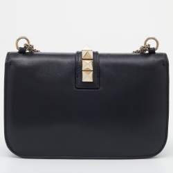Pre Owned Valentino Black Leather Medium Rockstud Glam Lock Shoulder Bag
