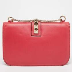 Pre Owned Valentino Pink Leather Medium Rockstud Glam Lock Flap Bag