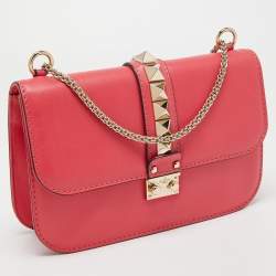 Pre Owned Valentino Pink Leather Medium Rockstud Glam Lock Flap Bag