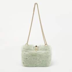 Pre Owned Valentino Green Fur Rockstud Glam Lock Shoulder Bag