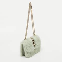 Pre Owned Valentino Green Fur Rockstud Glam Lock Shoulder Bag