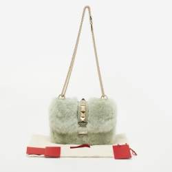Pre Owned Valentino Green Fur Rockstud Glam Lock Shoulder Bag