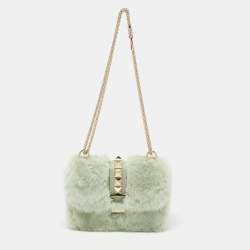 Pre Owned Valentino Green Fur Rockstud Glam Lock Shoulder Bag