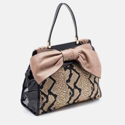Pre Owned Valentino Multicolor Python Print Raffia and Patent Leather Aphrodite Bow Top Handle Bag