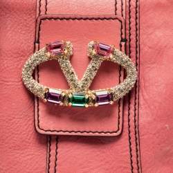 Pre Owned Valentino Pink Leather Crystal V Logo Tote