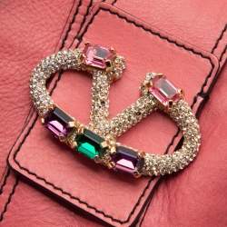 Pre Owned Valentino Pink Leather Crystal V Logo Tote