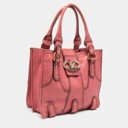 Pre Owned Valentino Pink Leather Crystal V Logo Tote