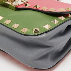 Pre Owned Valentino Tri Color Leather Rockstud Flip Lock Flap Shoulder Bag
