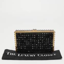 Pre Owned Valentino Black Satin Beaded Crystal Embellished Clutch