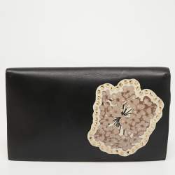 Pre Owned Valentino Black/Cream Floral Print Leather Rockstud Wristlet Clutch