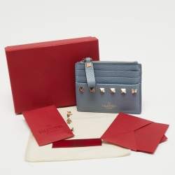 Pre Owned Valentino Blue Leather Rockstud Zip Card Holder