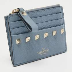 Pre Owned Valentino Blue Leather Rockstud Zip Card Holder