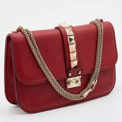 Pre Owned Valentino Red Leather Medium Glam Lock Chain Shoulder Bag