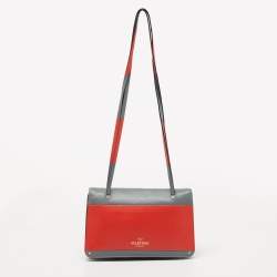 Pre Owned Valentino Grey/Orange Leather Rivet Colorblock Shoulder Bag