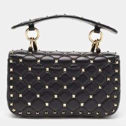 Pre Owned Valentino Black Leather Rockstud Spike Top Handle Bag