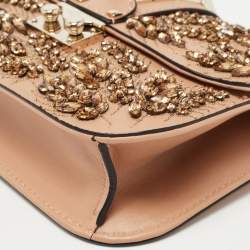 Pre Owned Valentino Beige Leather Small Crystal Embellished Rockstud Glam Lock Flap Bag