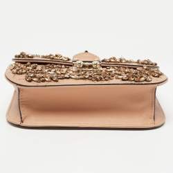 Pre Owned Valentino Beige Leather Small Crystal Embellished Rockstud Glam Lock Flap Bag
