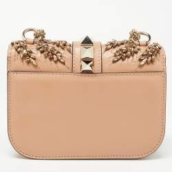 Pre Owned Valentino Beige Leather Small Crystal Embellished Rockstud Glam Lock Flap Bag