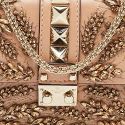 Pre Owned Valentino Beige Leather Small Crystal Embellished Rockstud Glam Lock Flap Bag