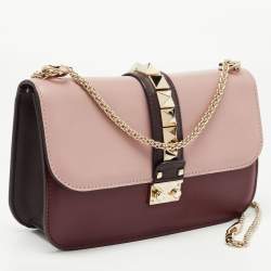 Pre Owned Valentino Burgundy/Pink Leather Medium Rockstud Glam Lock Flap Bag